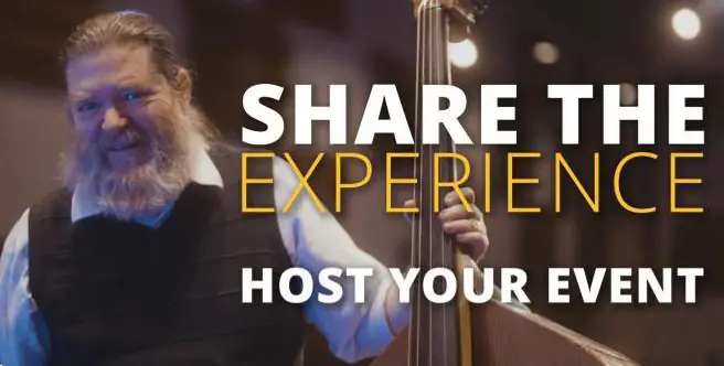 Still from the Resonance promo video: a bassist on stage beside the words Share the experience, host your event